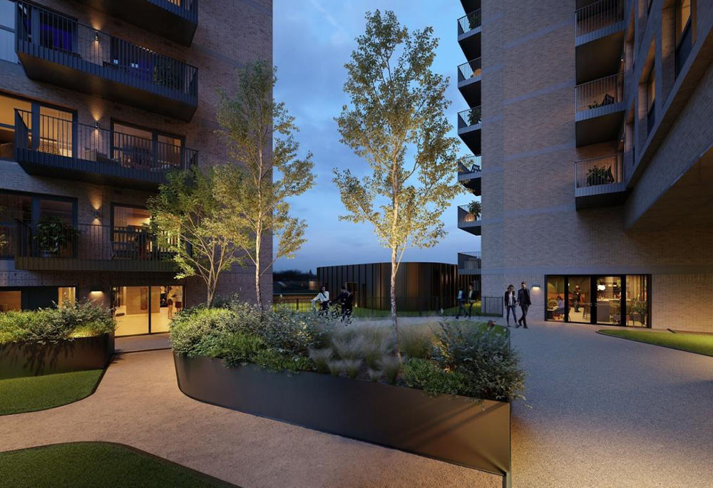 Shared outdoor space between apartment buildings